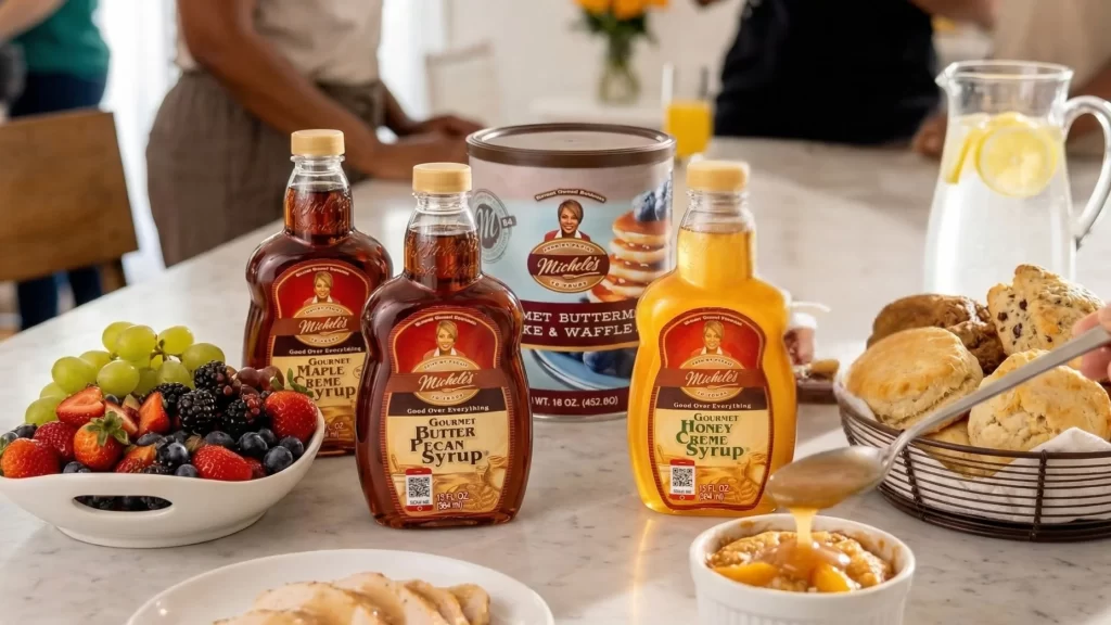 Three syrup bottles and pancake mix on breakfast table with fruit, biscuits, and lemon water nearby.
