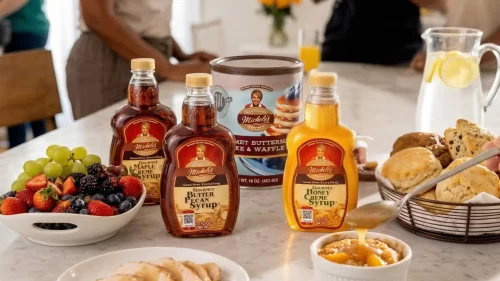 Three syrup bottles and pancake mix on breakfast table with fruit, biscuits, and lemon water nearby.