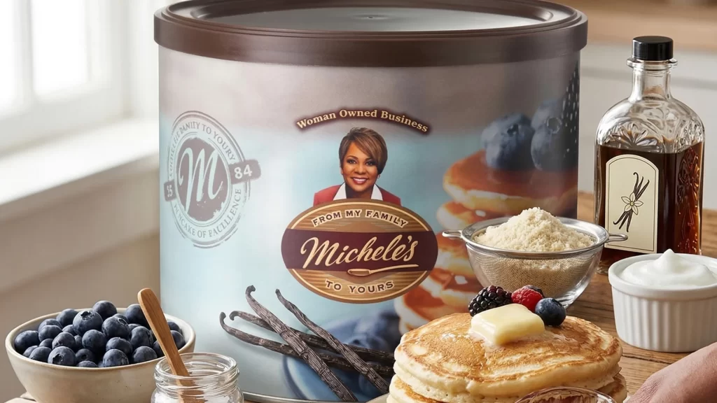 Pancake mix tin with syrup, berries, vanilla, flour, and buttered pancakes on a wood table setting