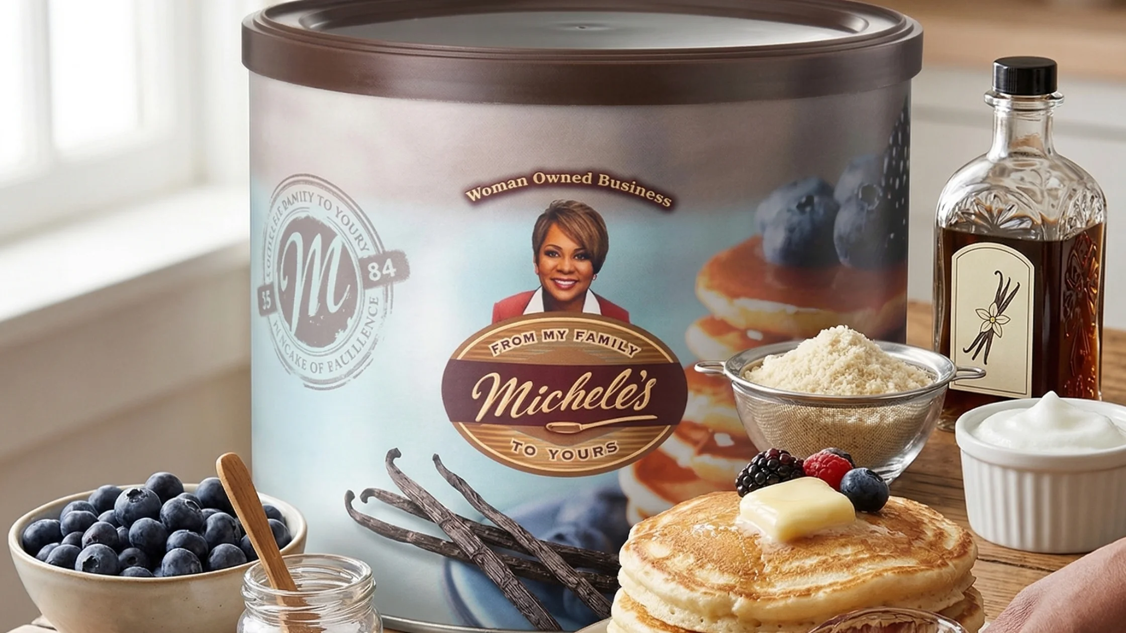 Pancake mix tin with syrup, berries, vanilla, flour, and buttered pancakes on a wood table setting