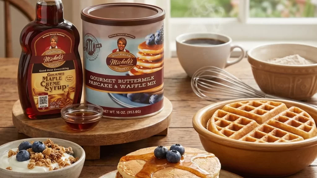 Maple syrup and pancake mix beside waffle, coffee, whisk, and blueberry-topped pancake on table set.