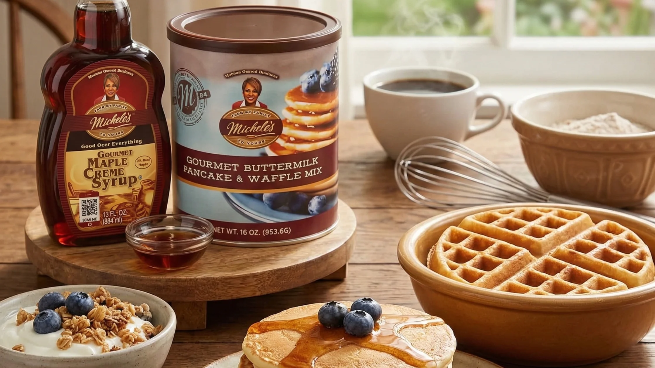 Maple syrup and pancake mix beside waffle, coffee, whisk, and blueberry-topped pancake on table set.