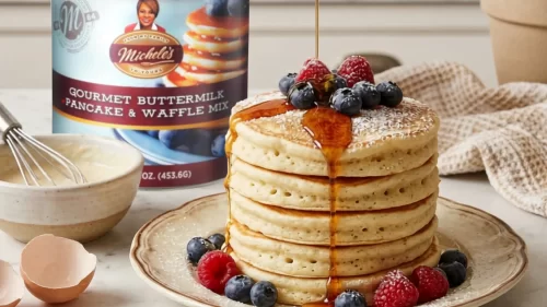 Buttermilk pancakes topped with butter and blueberries as syrup pours from a glass pitcher, with coffee and Michele’s pancake mix in the background.