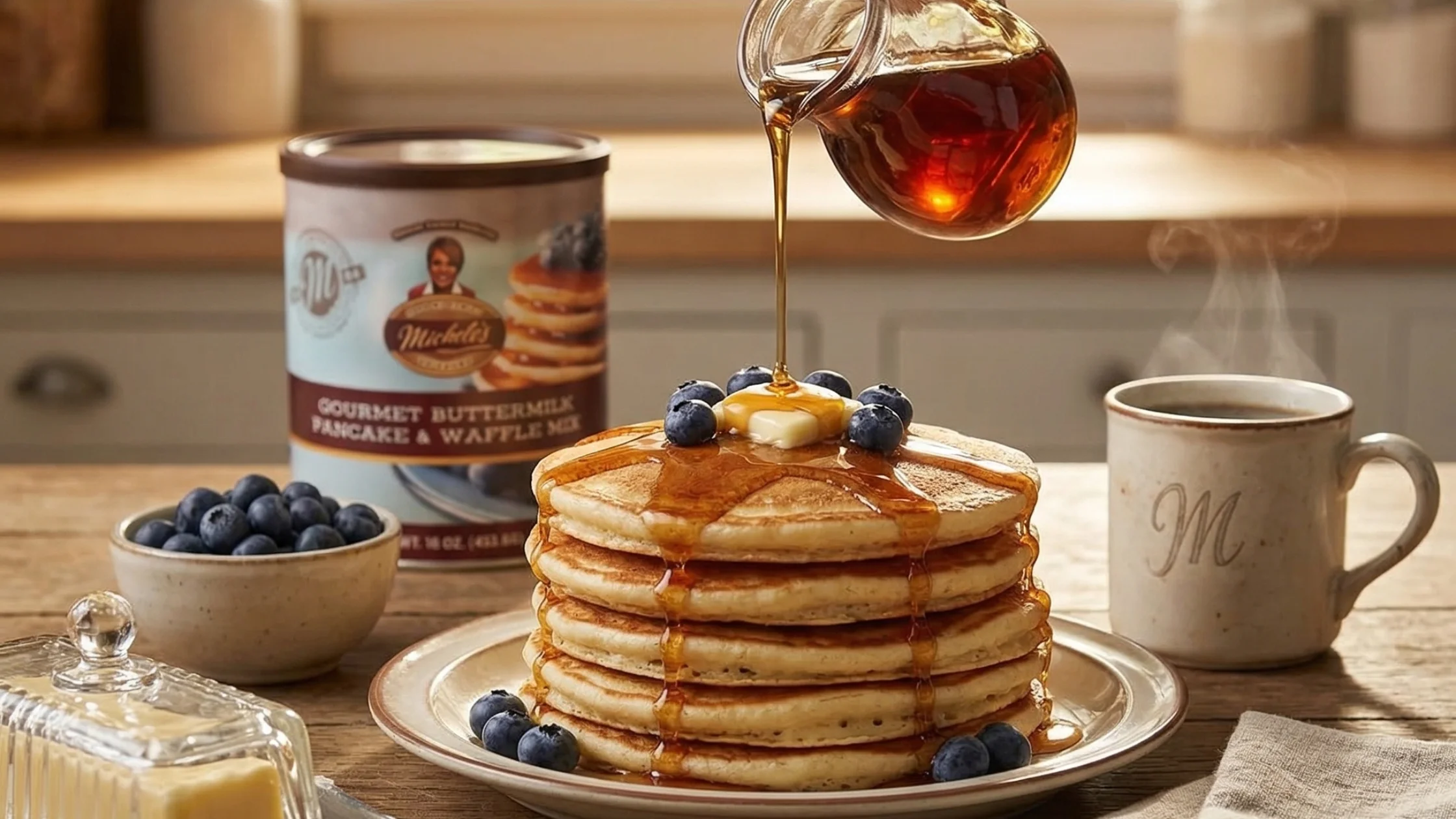 Stack of buttermilk pancakes topped with butter and blueberries as syrup pours from a glass pitcher, with coffee and pancake mix in the background.