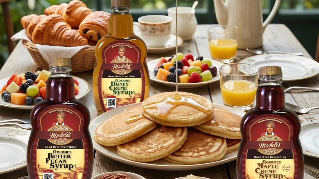 Plate of pancakes with syrup pouring from above, surrounded by Michele’s honey, maple, and butter pecan syrups, fruit, croissants, and orange juice.