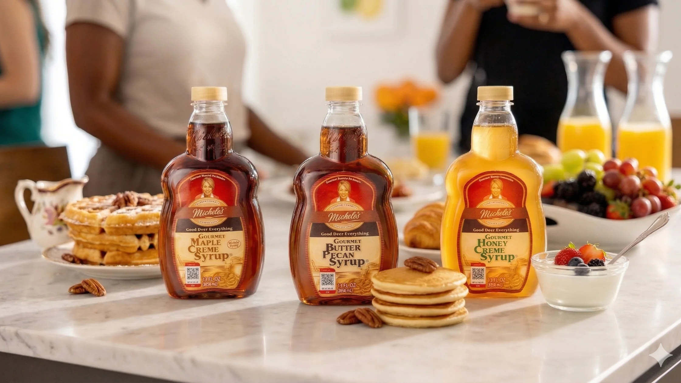 Three gourmet syrup bottles on a breakfast table with pancakes, fruit, juice and soft diners nearby.